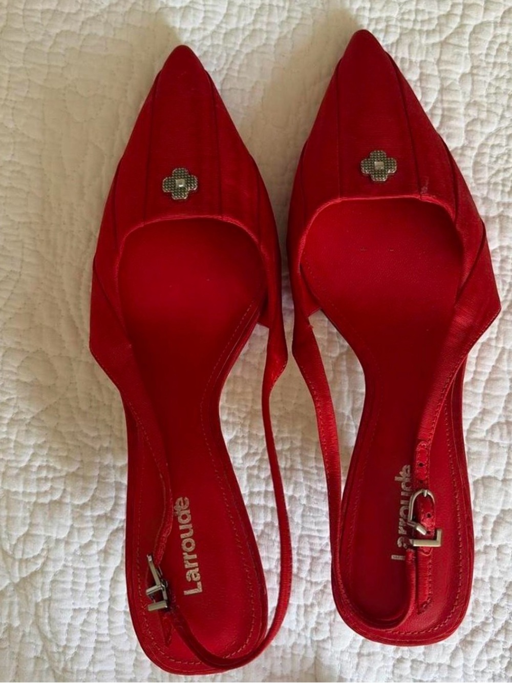 Larroude Red Pointed Slingback Flats with Metal Accents